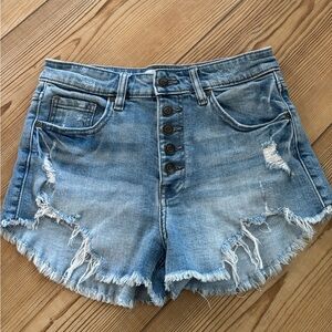 Oasis Light Blue Distressed Denim Button-Front Shorts